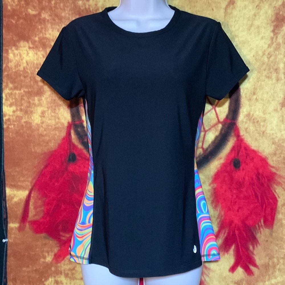 ReACTIVATE-women’s black poly blend short sleeve running/athletic crewneck shirt